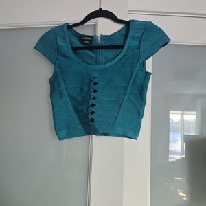 bebe Teal Crop Bandage Top with Front Cutout Detail